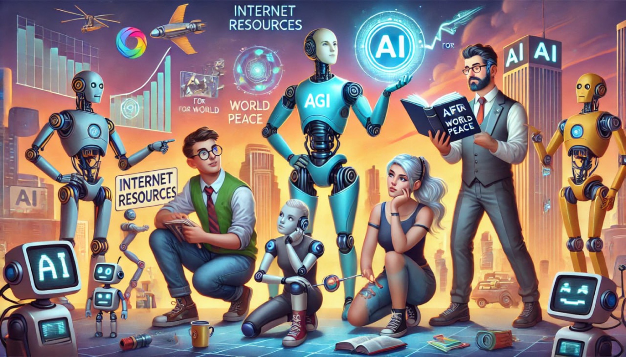 Иллюстрация: люди и роботы с табличками AI и AGI